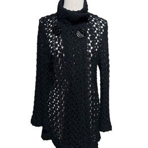 Linea Domani Open Weave Long Sleeve Black Tunic Cardigan Sweater Small